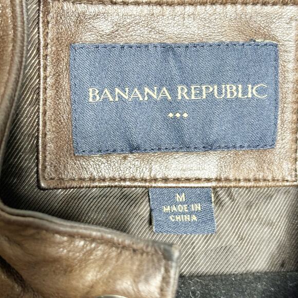 Banana Republic Brown Leather Bomber Jacket Mens M Full Zip Band Collar Lined - Picture 8 of 13